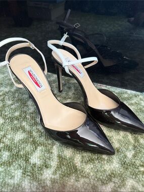 Black Patent Pointed Toe Slingback Heels with White Ankle Strap